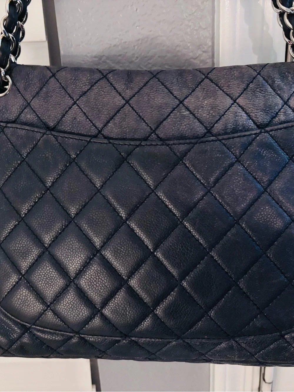 CHANEL vintage Maxi Classic Flap Navy Caviar Leather w/ Silver Hardware